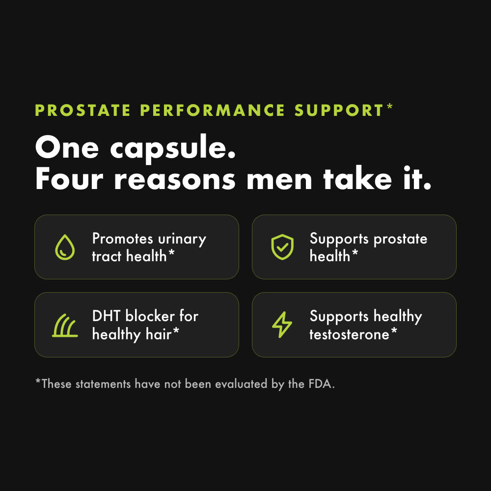 Prostate performance support: promotes urinary tract health, supports prostate health, DHT blocker for healthy hair, supports healthy testosterone