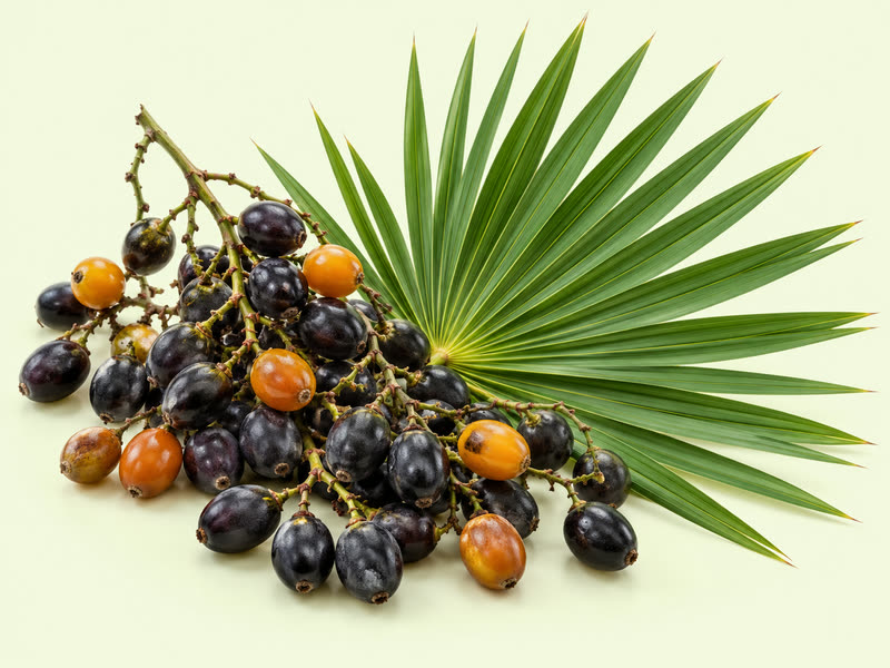 Saw palmetto berries and a fan-shaped palm frond