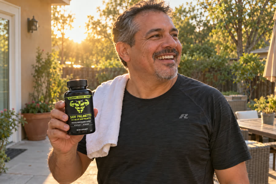 Carlos holding a bottle of Elmore Prime Labs Saw Palmetto