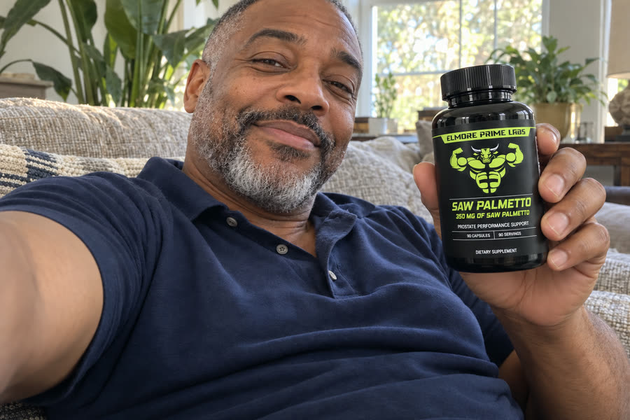 Darnell holding a bottle of Elmore Prime Labs Saw Palmetto