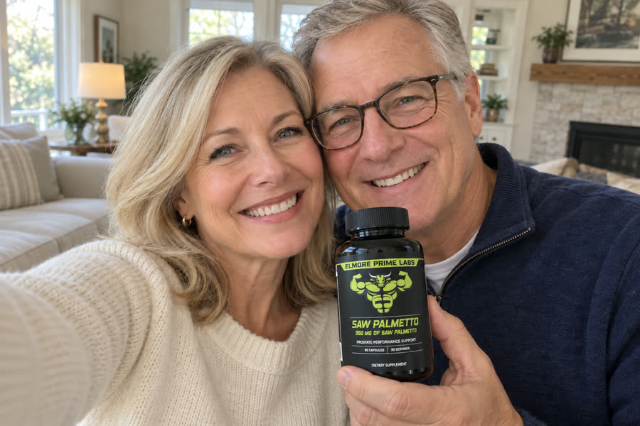 Linda holding a bottle of Elmore Prime Labs Saw Palmetto