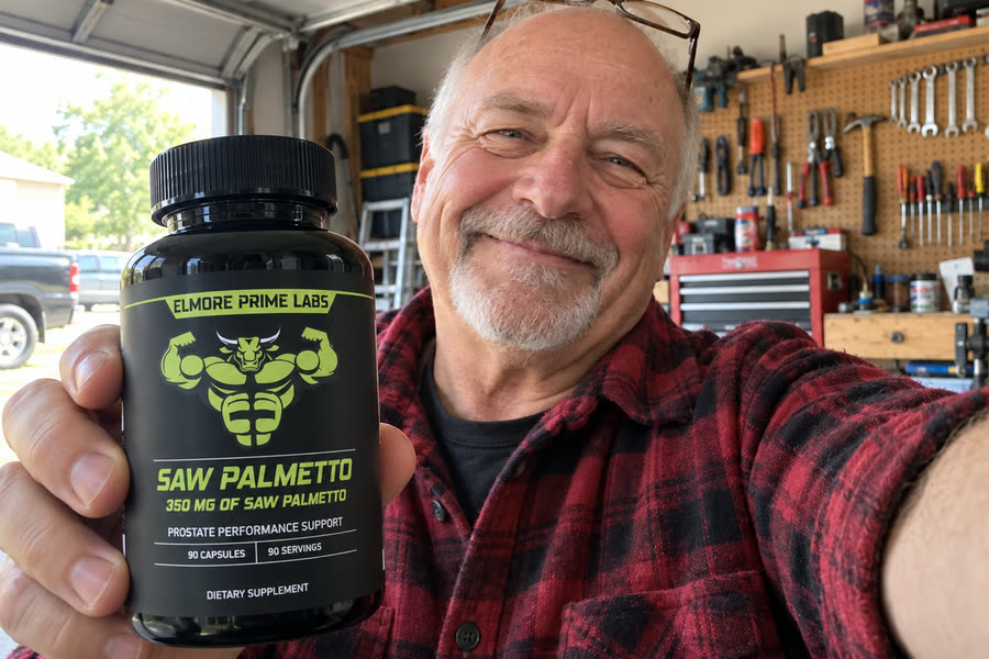 Robert holding a bottle of Elmore Prime Labs Saw Palmetto