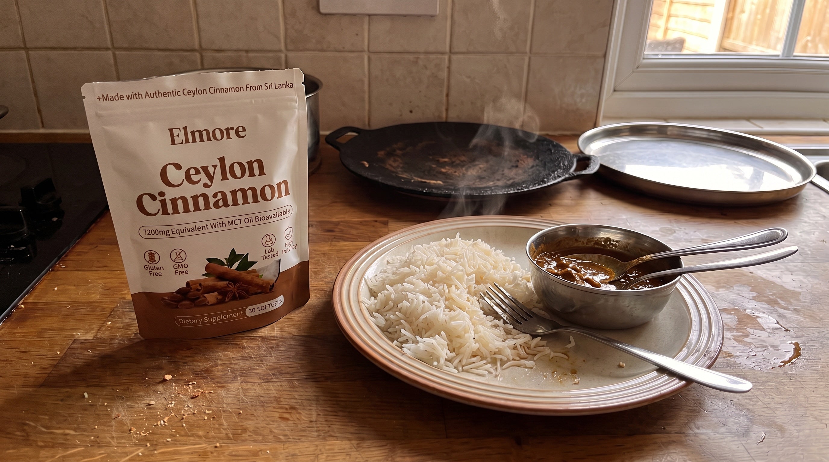 The pouch beside a plate of rice and curry