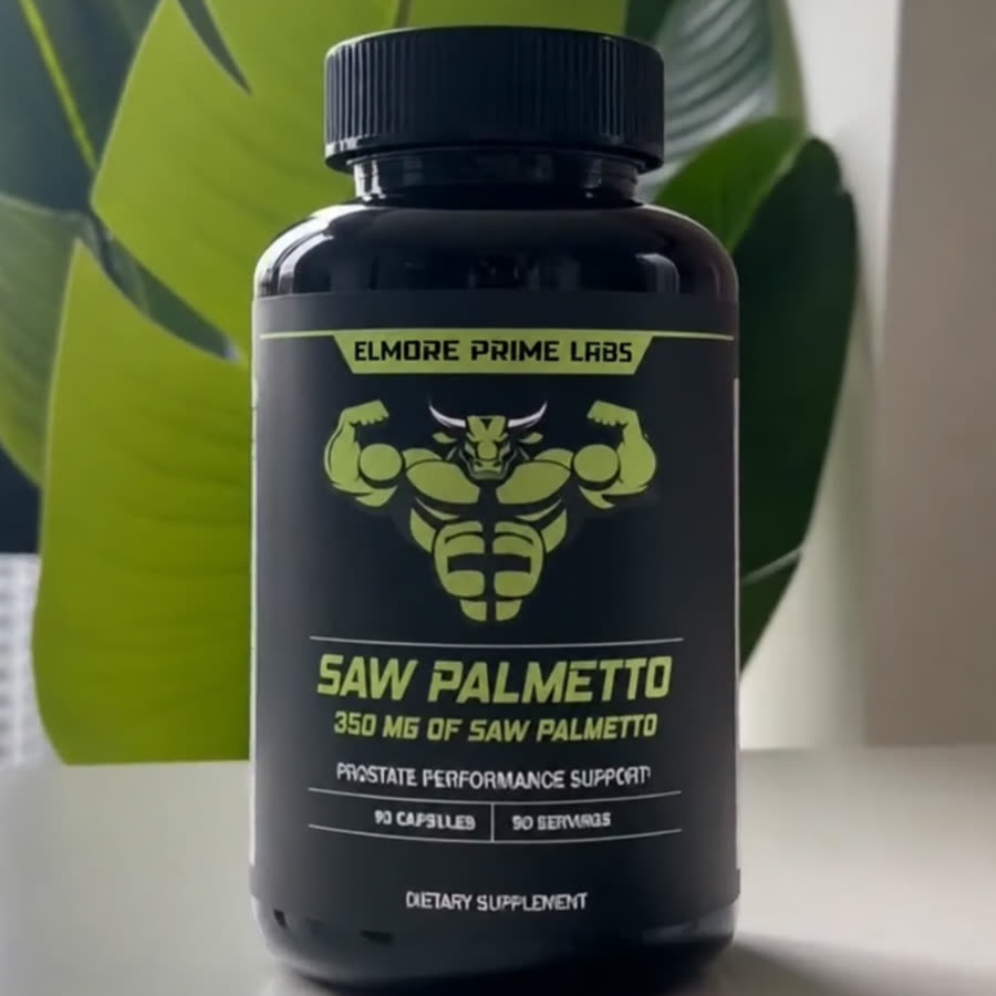 Elmore Prime Labs Saw Palmetto bottle next to a plant